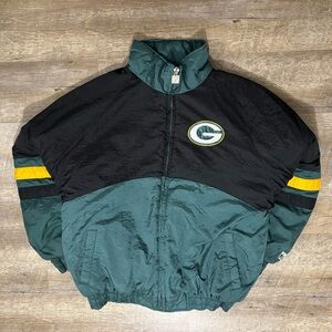 LOGO 7 Green Bay Packers Jacket Men's L Green Puffer Vintage Big Zipper FLAW
